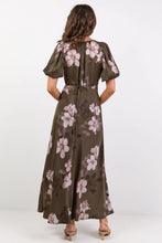 Load image into Gallery viewer, STORIES BE TOLD STAGE COCOA BLOSSOM FLORAL SATIN PUFF SLEEVE FLOATY MAXI DRESS