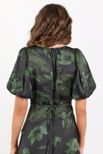 Load image into Gallery viewer, STORIES BE TOLD STAGE GREEN SHADOW GARDEN SATIN PUFF SLEEVE FLOATY MAXI DRESS