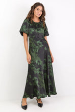 Load image into Gallery viewer, STORIES BE TOLD STAGE GREEN SHADOW GARDEN SATIN PUFF SLEEVE FLOATY MAXI DRESS
