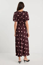 Load image into Gallery viewer, STORIES BE TOLD STAGE PLUM POLKA DOT PUFF SLEEVE SATIN FLOATY MAXI DRESS