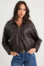 Load image into Gallery viewer, STORIES BE TOLD TROUPE CHOCOLATE PU LEATHER ZIP THROUGH BUBBLE HEM JACKET