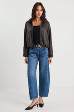 Load image into Gallery viewer, STORIES BE TOLD TROUPE CHOCOLATE PU LEATHER ZIP THROUGH BUBBLE HEM JACKET