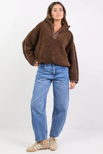 Load image into Gallery viewer, STORIES BE TOLD UNTOLD CHOCOLATE CONTRAST DETAIL QUARTER ZIP SHERPA SWEATSHIRT
