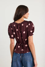 Load image into Gallery viewer, STORIES BE TOLD UPLIFTING PLUM POLKA DOT SATIN SHORT SLEEVE TOP