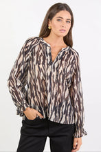 Load image into Gallery viewer, coming soon | BY ROSA WOODLAND BLACK ZEBRA TIE NECK FLOUCE LONGSLEEVE TOP