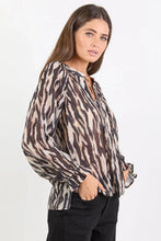 Load image into Gallery viewer, coming soon | BY ROSA WOODLAND BLACK ZEBRA TIE NECK FLOUCE LONGSLEEVE TOP