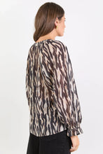 Load image into Gallery viewer, coming soon | BY ROSA WOODLAND BLACK ZEBRA TIE NECK FLOUCE LONGSLEEVE TOP