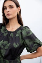 Load image into Gallery viewer, STORIES BE TOLD STAGE GREEN SHADOW GARDEN SATIN PUFF SLEEVE FLOATY MAXI DRESS
