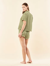 Load image into Gallery viewer, KAREN WALKER X PAPINELLE MONOGRAM TILES SILK BOXER PJS OLIVE
