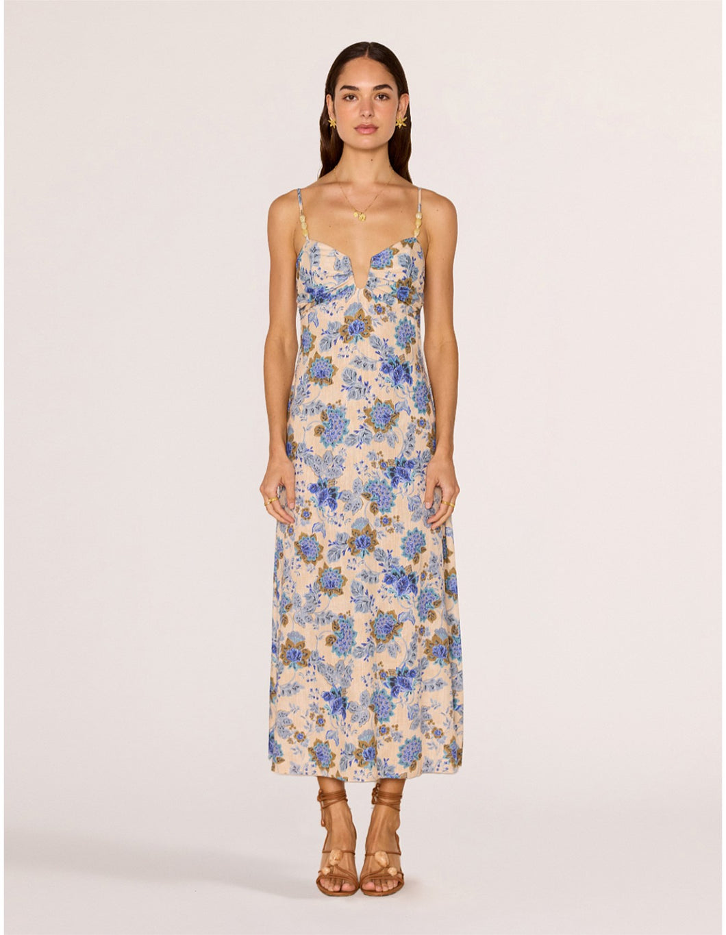MINK PINK ZINA MIDI DRESS BLUE/BEIGE FLORAL