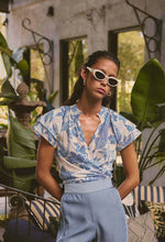 Load image into Gallery viewer, ONCE WAS CALANDRA SILK COTTON FLUTTER SLEEVE TOP AZURE MOSAIC
