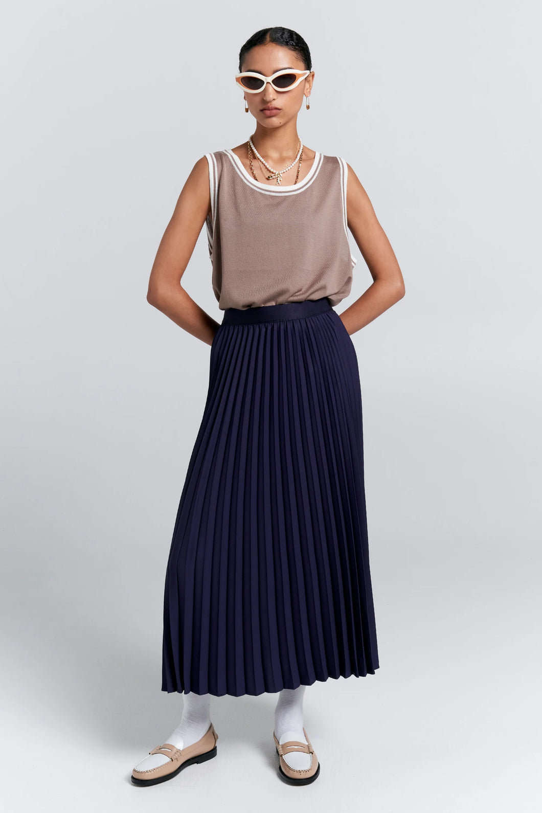 KAREN WALKER SUNRAY PLEATED SKIRT NAVY