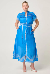 ONCE WAS XANTHIA DIAMOND SMOCK DRESS BLUE TOPAZ