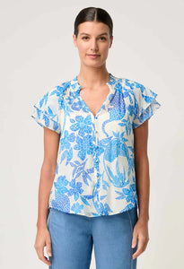 ONCE WAS CALANDRA SILK COTTON FLUTTER SLEEVE TOP AZURE MOSAIC