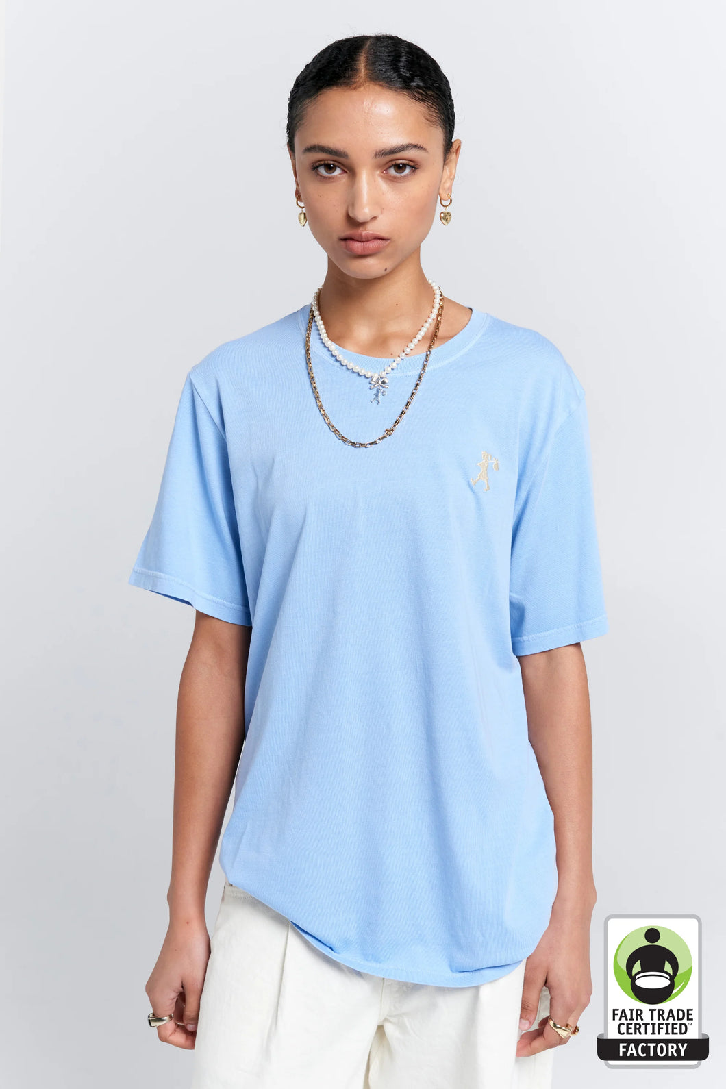KAREN WALKER EMBROIDERED RUNAWAY GIRL CLASSIC ORGANIC COTTON T SHIRT BLUE