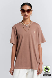 KAREN WALKER EMBROIDERED RUNAWAY GIRL CLASSIC ORGANIC COTTON TSHIRT TAUPE