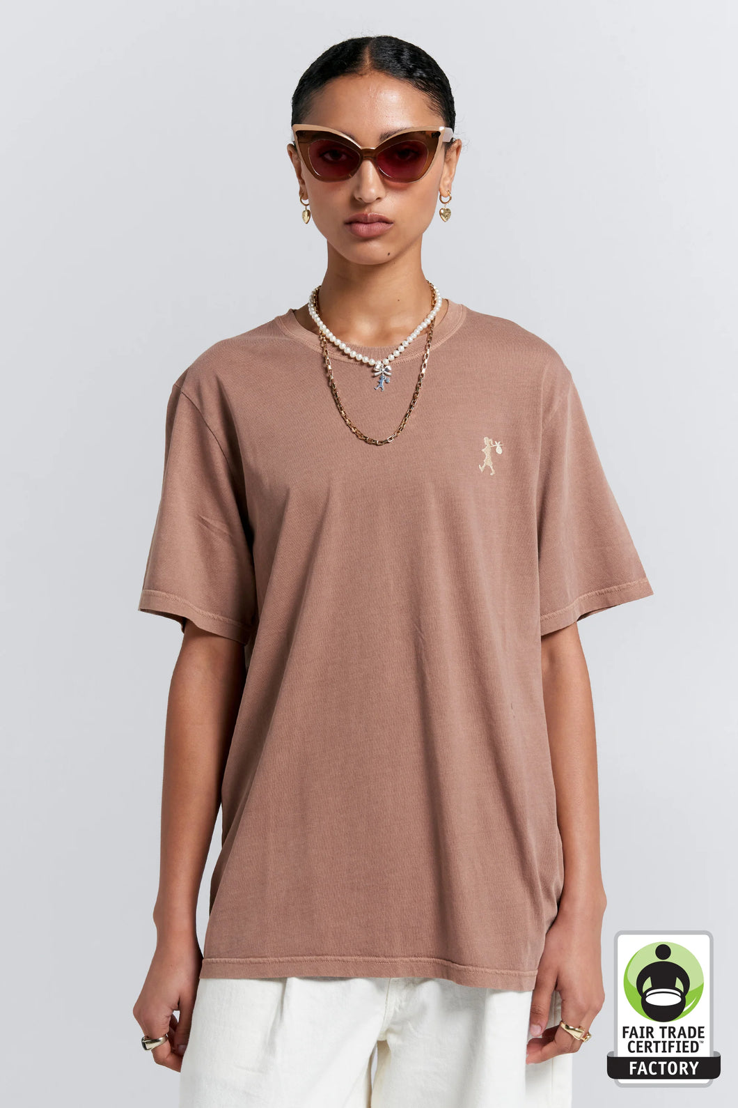 KAREN WALKER EMBROIDERED RUNAWAY GIRL CLASSIC ORGANIC COTTON TSHIRT TAUPE