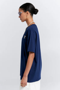 KAREN WALKER EMBROIDERED RUNAWAY GIRL CLASSIC ORGANIC COTTON T SHIRT NAVY