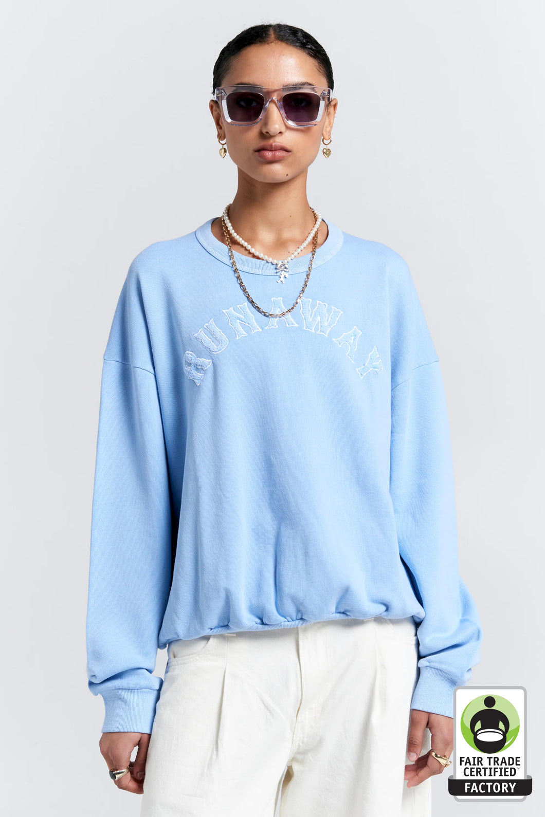KAREN WALKER RUNAWAY COLLAGE ORGANIC COTTON CREWNECK SWEATSHIRT BLUE