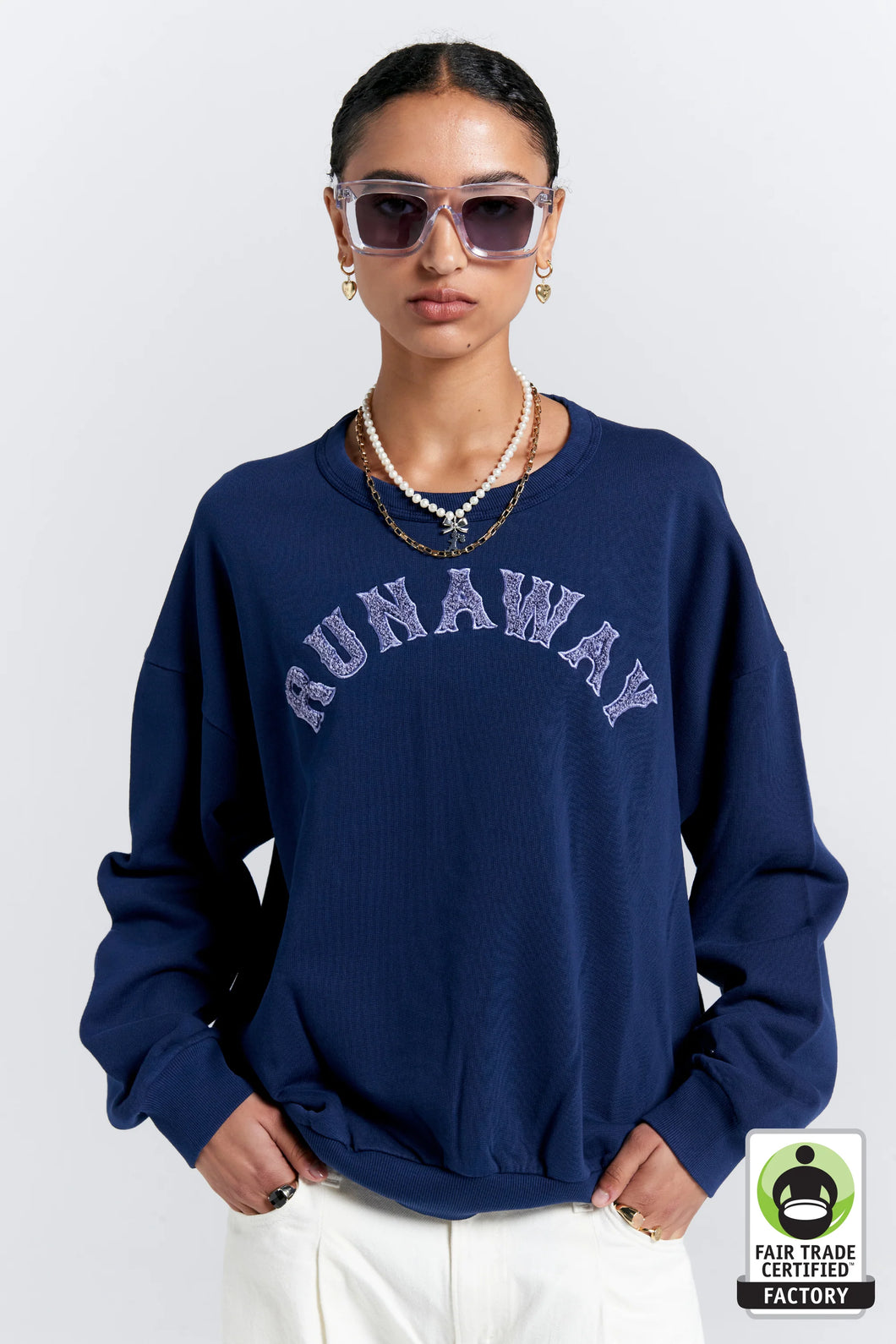 KAREN WALKER RUNAWAY COLLAGE ORGANIC COTTON CREWNECK SWEATSHIRT NAVY