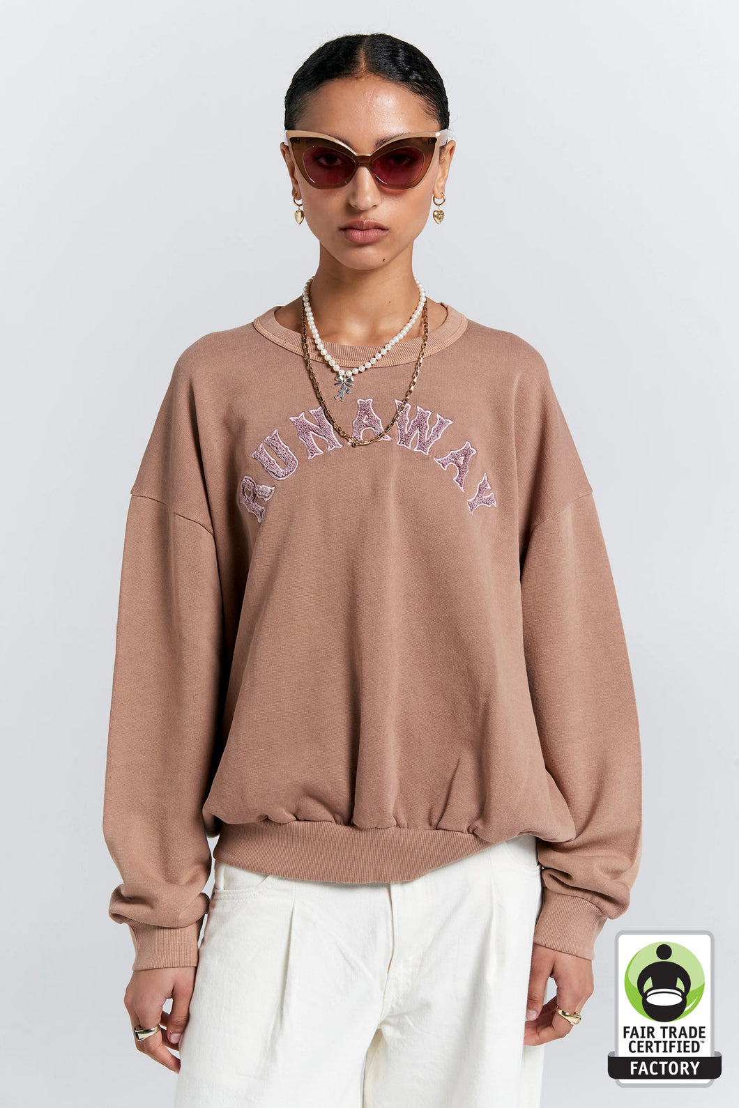 KAREN WALKER RUNAWAY COLLAGE ORGANIC COTTON CREWNECK SWEATSHIRT TAUPE