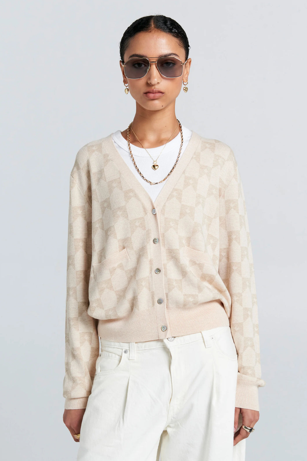 KAREN WALKER MONOGRAM KNIT CARDIGAN SAND