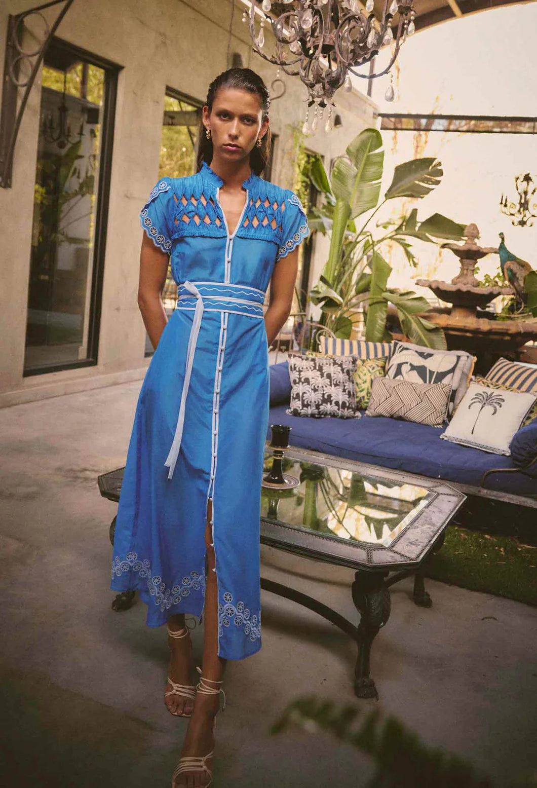 ONCE WAS XANTHIA DIAMOND SMOCK DRESS BLUE TOPAZ
