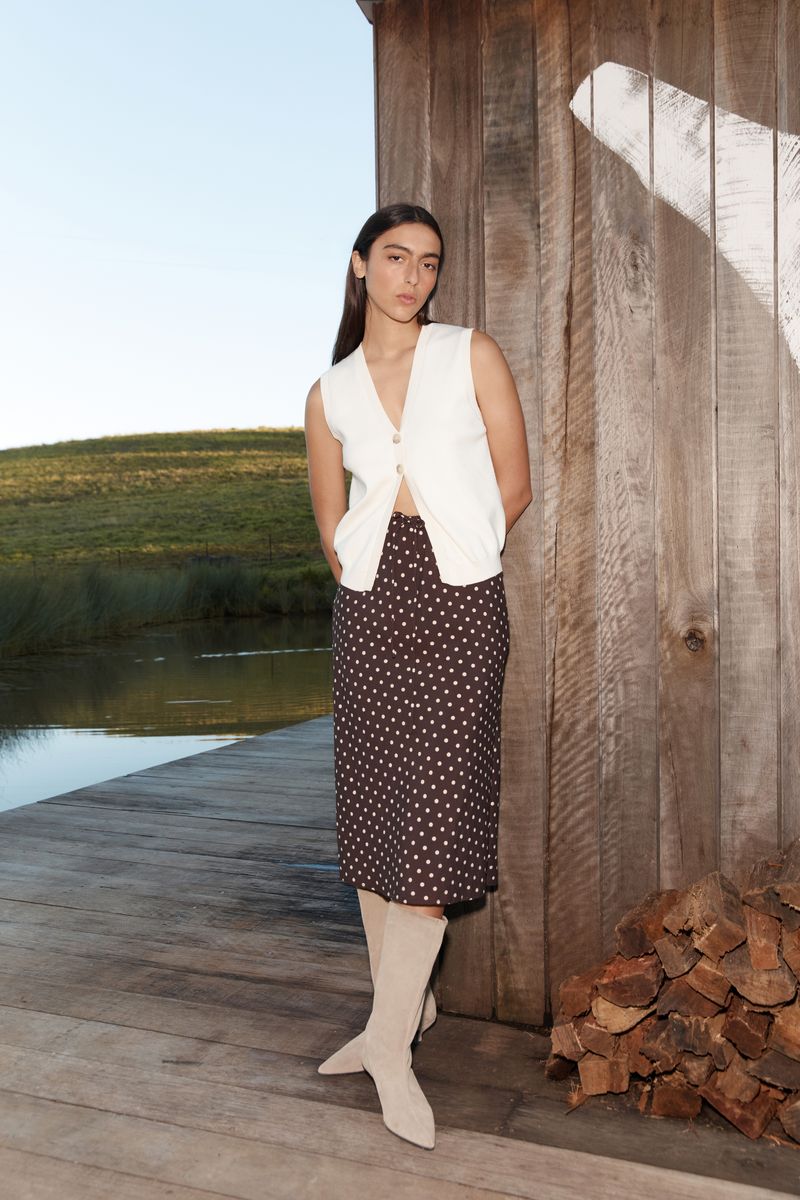 ROWIE FRANNIE SILK MIDI SKIRT CACAO SPOT