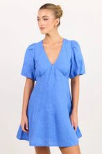 Load image into Gallery viewer, COMING SOON | AMONG THE BRAVE ADELAIDE BLUE LINEN PUFF SLEEVE PANELLED MINI DRESS
