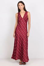 Load image into Gallery viewer, STORIES BE TOLD ASTON WINE CREAM POLKA DOT SATIN BIAS FLARED MAXI DRESS
