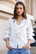 Load image into Gallery viewer, AMONG THE BRAVE BOHEMIAN IVORY BLACK TRIM SHEER FRILL FRONT BLOUSE
