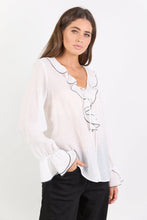 Load image into Gallery viewer, AMONG THE BRAVE BOHEMIAN IVORY BLACK TRIM SHEER FRILL FRONT BLOUSE

