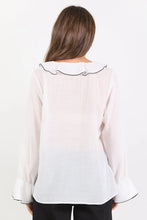 Load image into Gallery viewer, AMONG THE BRAVE BOHEMIAN IVORY BLACK TRIM SHEER FRILL FRONT BLOUSE
