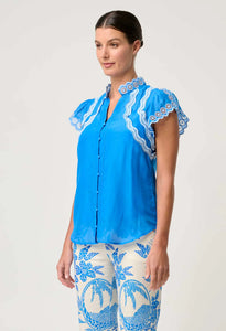 ONCE WAS THALASSA  FLUTTER SLEEVE TOP BLUE TOPAZ