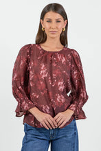 Load image into Gallery viewer, IVY + JACK CANDID PLUM SMUDGE FLORAL FRILL SLEEVE CREW NECK TOP
