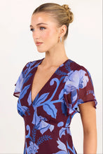 Load image into Gallery viewer, AMONG THE BRAVE CHARIOT BURGUNDY BLUE FLORAL FLUTTER SLEEVE MAXI DRESS
