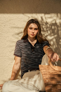 MARLOW CHIME KNIT POLO CAROB STRIPE