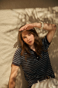 MARLOW CHIME KNIT POLO CAROB STRIPE