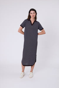 MARLOW CHIME KNIT POLO DRESS CAROB STRIPE