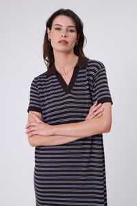 MARLOW CHIME KNIT POLO DRESS CAROB STRIPE