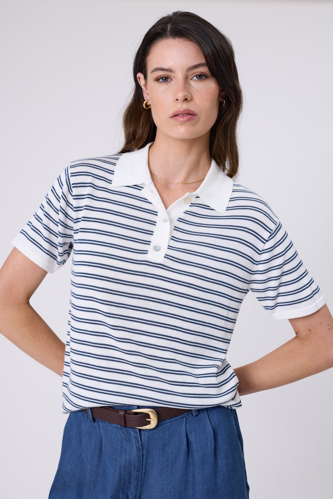 MARLOW CHIME KNIT POLO INDIGO STRIPE