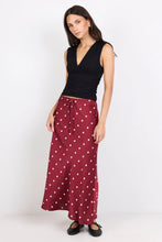 Load image into Gallery viewer, STORIES BE TOLD RARITY WINE CREAM POLKA DOT SATIN TIE WAIST BIAS MAXI SKIRT
