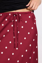 Load image into Gallery viewer, STORIES BE TOLD RARITY WINE CREAM POLKA DOT SATIN TIE WAIST BIAS MAXI SKIRT
