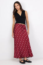 Load image into Gallery viewer, STORIES BE TOLD RARITY WINE CREAM POLKA DOT SATIN TIE WAIST BIAS MAXI SKIRT
