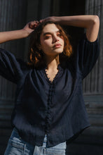 Load image into Gallery viewer, IVY + JACK CONTINUANCE NAVY RAMIE HIGH NECK BUTTONED SS TOP
