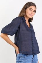 Load image into Gallery viewer, IVY + JACK CONTINUANCE NAVY RAMIE HIGH NECK BUTTONED SS TOP
