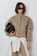 Load image into Gallery viewer, ARRIVING 12.8 | STORIES BE TOLD CRAFTED TAUPE FUNNEL NECK DENIM JACKET
