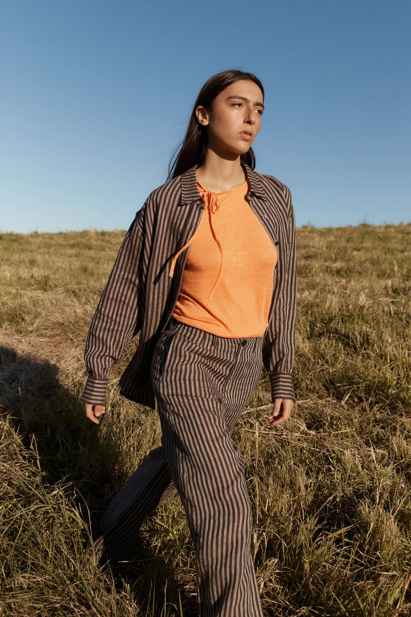 ROWIE RAMONA LINEN LONG SLEEVE SHIRT BROWN STRIPE