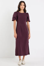 Load image into Gallery viewer, STORIES BE TOLD ELDER PLUM SHORT PUFF SLEEVE TIE MIDI DRESS

