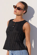 Load image into Gallery viewer, STORIES BE TOLD ENCOURAGE BLACK LINEN PINTUCK FRONT BOAT NECK TOP
